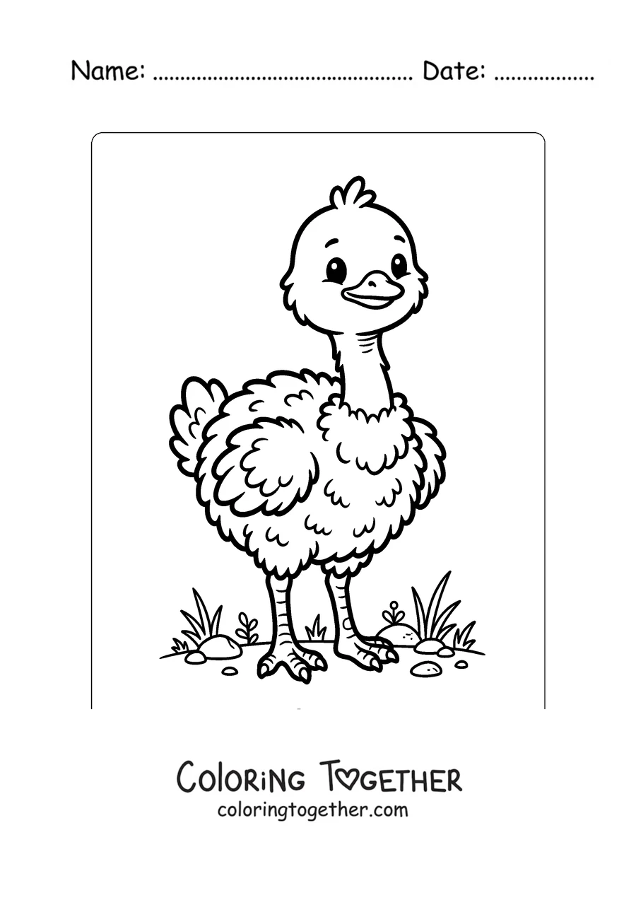 Coloring page of a fluffy ostrich chick