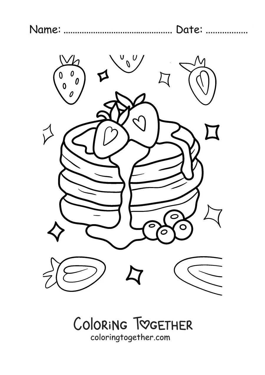 Coloring page of fluffy pancakes with strawberries and blueberries