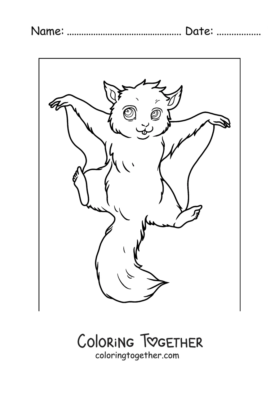 Coloring page of a flying squirrel gliding with its legs spread
