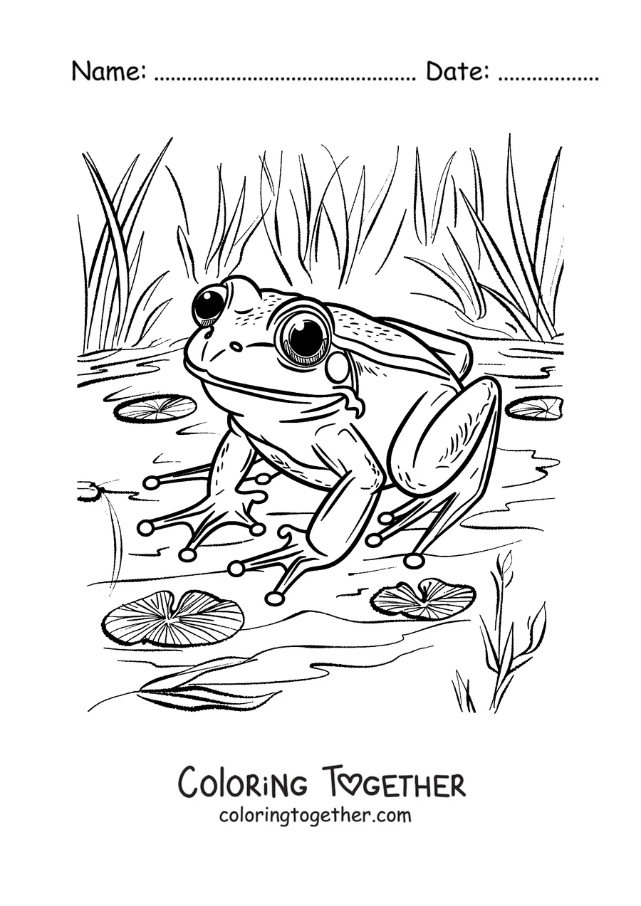 Coloring page of a frog by the pond among lily pads
