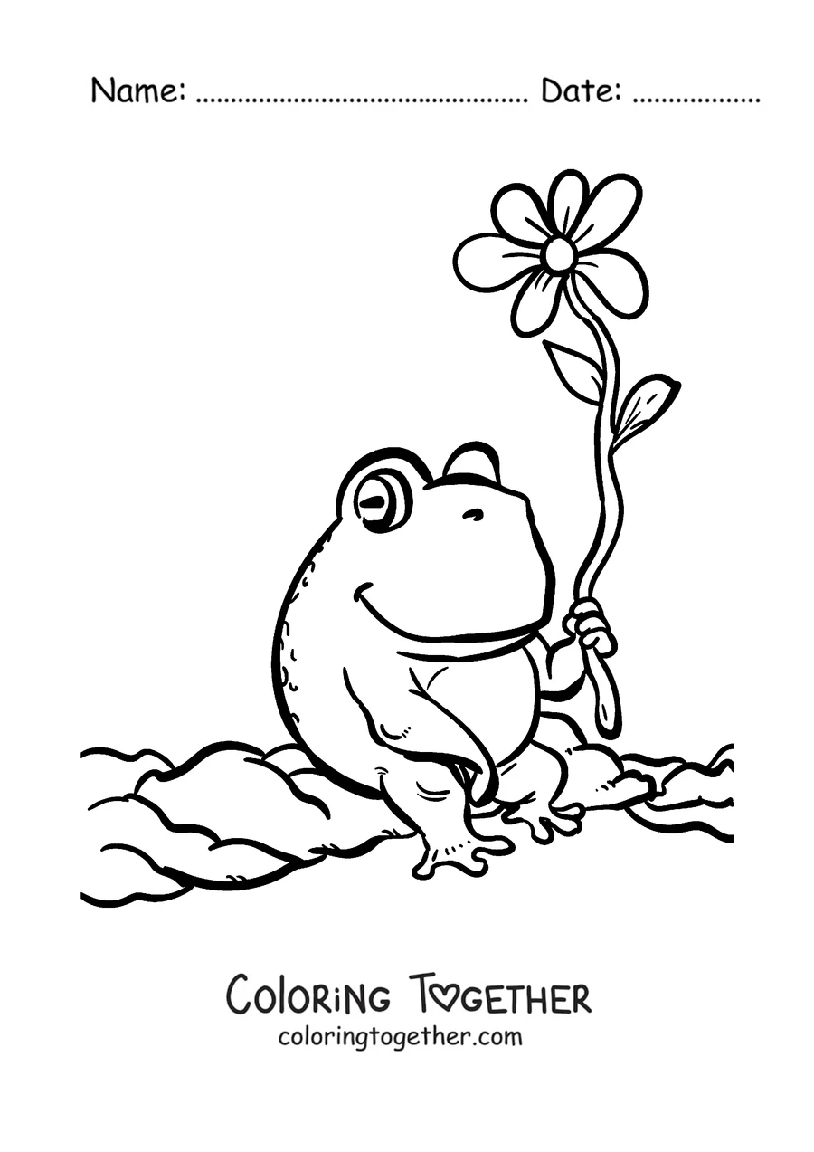 Coloring page of a frog holding a flower