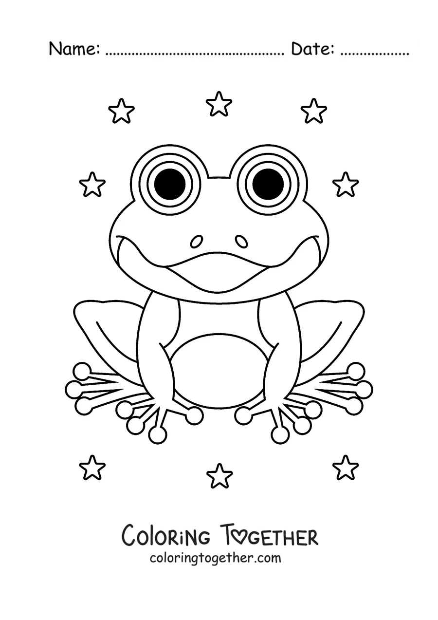 Coloring page of a happy frog on a lily pad surrounded by stars
