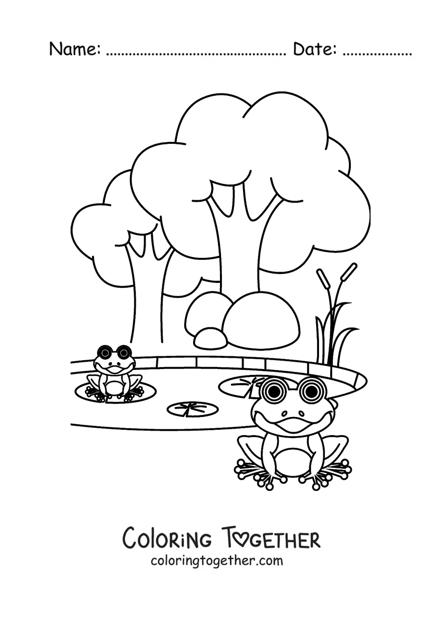 Coloring page of a frog in a mushroom forest
