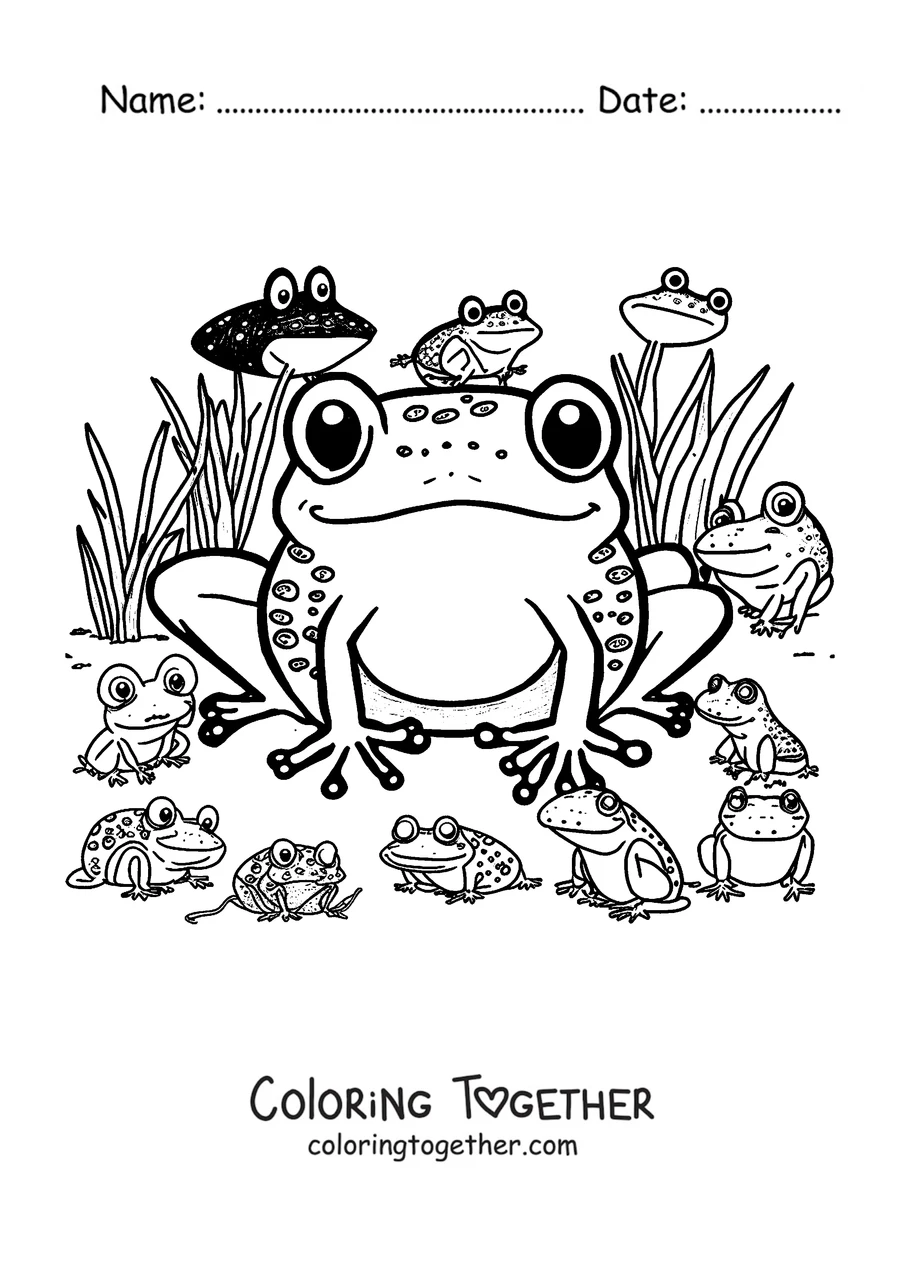 Coloring page of a big frog surrounded by many little frogs