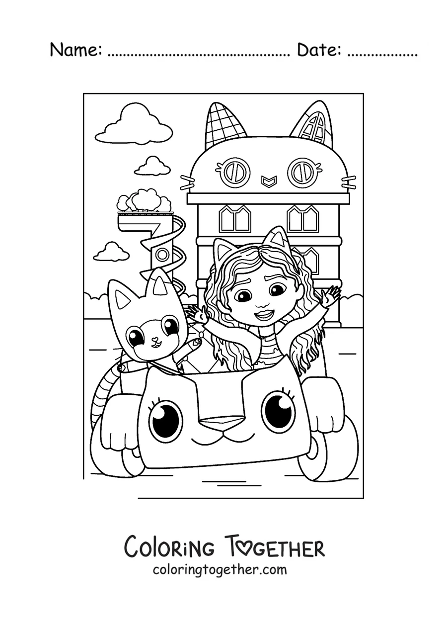 Coloring page of Gabby and Pandy Paws riding in the car Carlita in front of the dollhouse