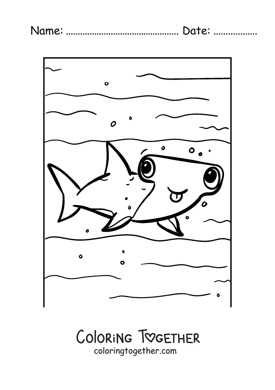 Coloring page of a hammerhead shark with big eyes
