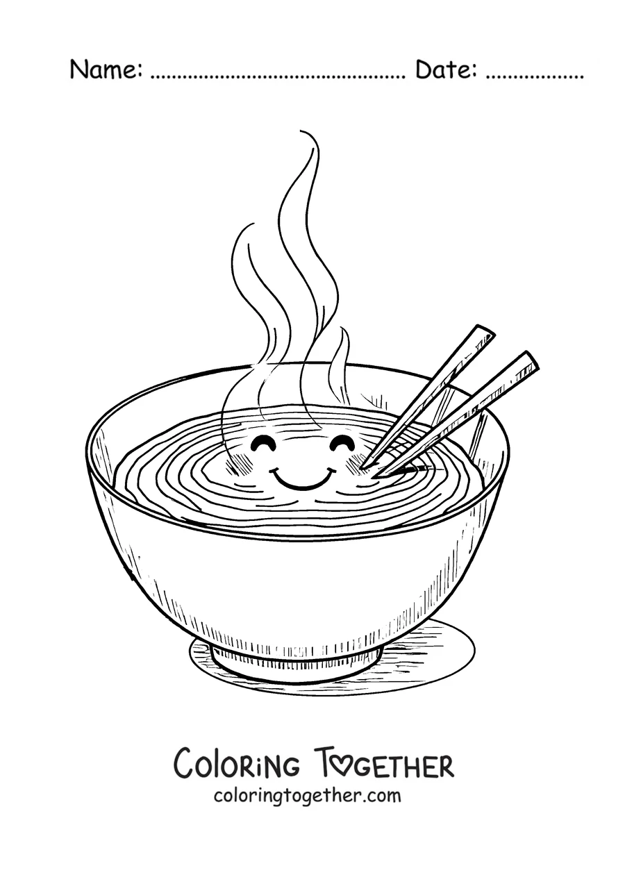 Coloring page of a kawaii ramen bowl with a smiling face