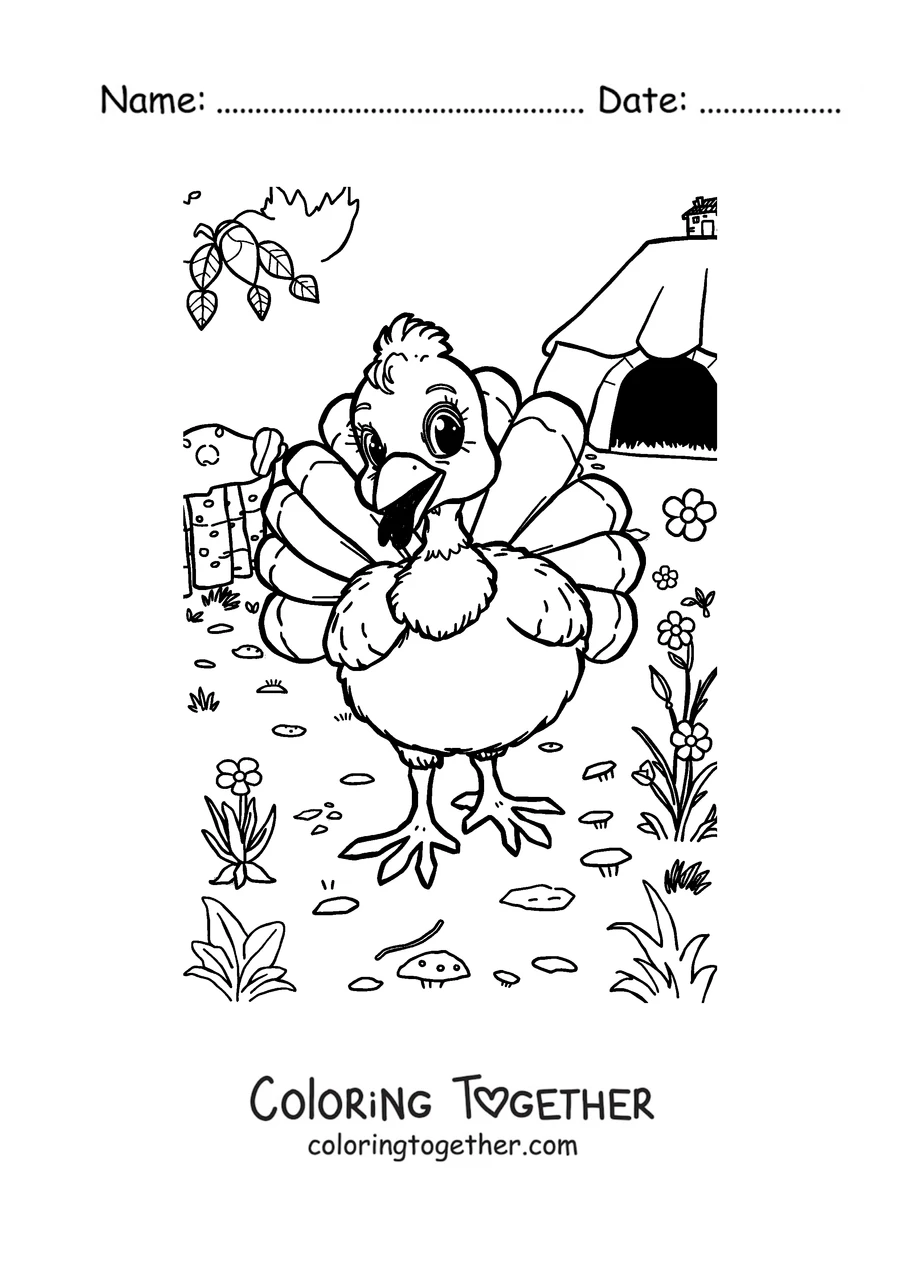 Coloring page of a happy turkey strolling through the meadow