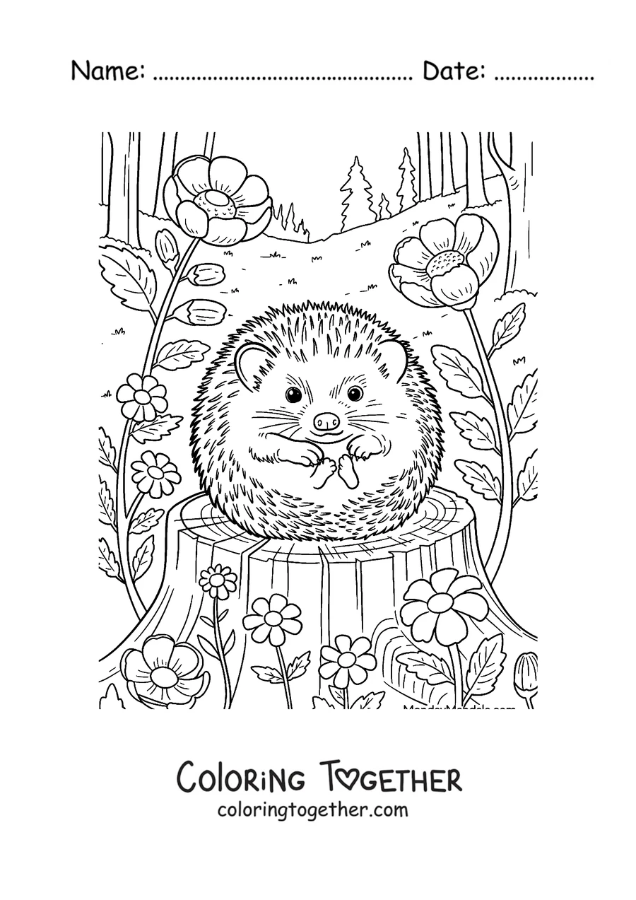 Coloring page of a hedgehog curled into a ball on a tree trunk