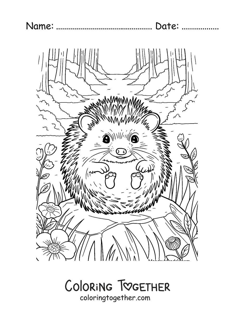 Coloring page of a hedgehog sitting on a log in the forest