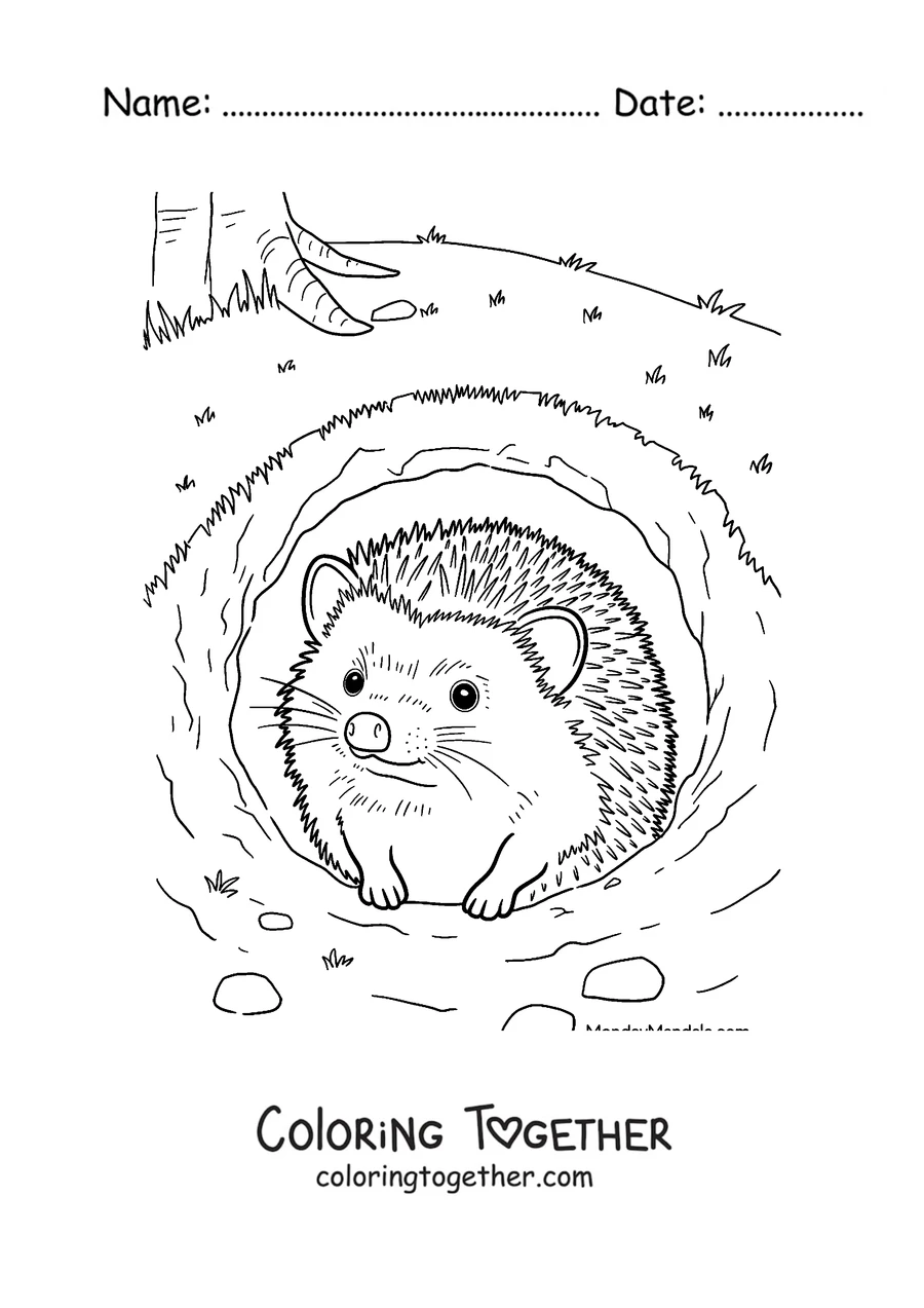 Coloring page of a hedgehog peeking out of its burrow