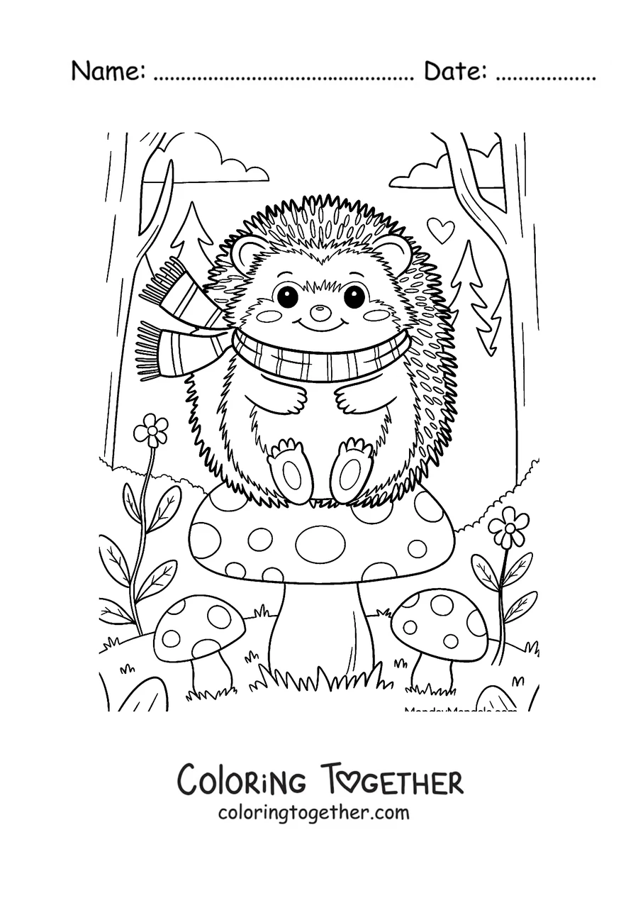 Coloring page of a hedgehog wearing a scarf among the mushrooms