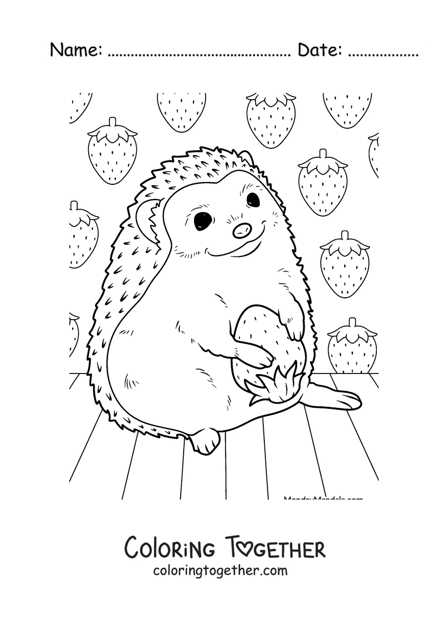 Coloring page of a hedgehog with a twig among the acorns