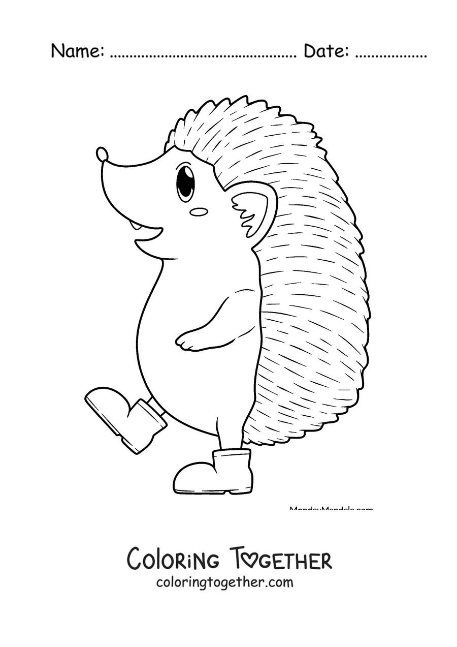 Coloring page of a hedgehog walking on two legs in boots