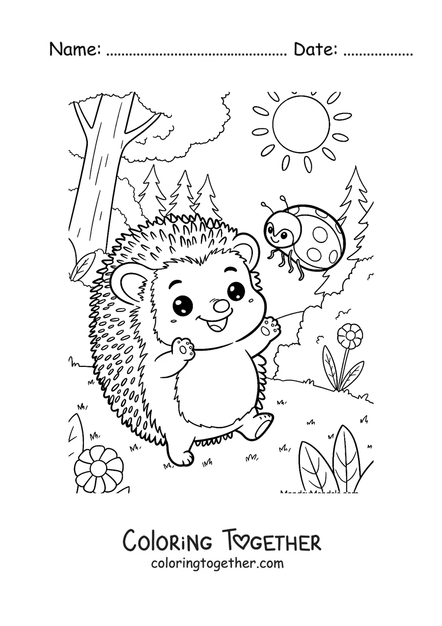 Coloring page of a baby hedgehog playing with a ladybug