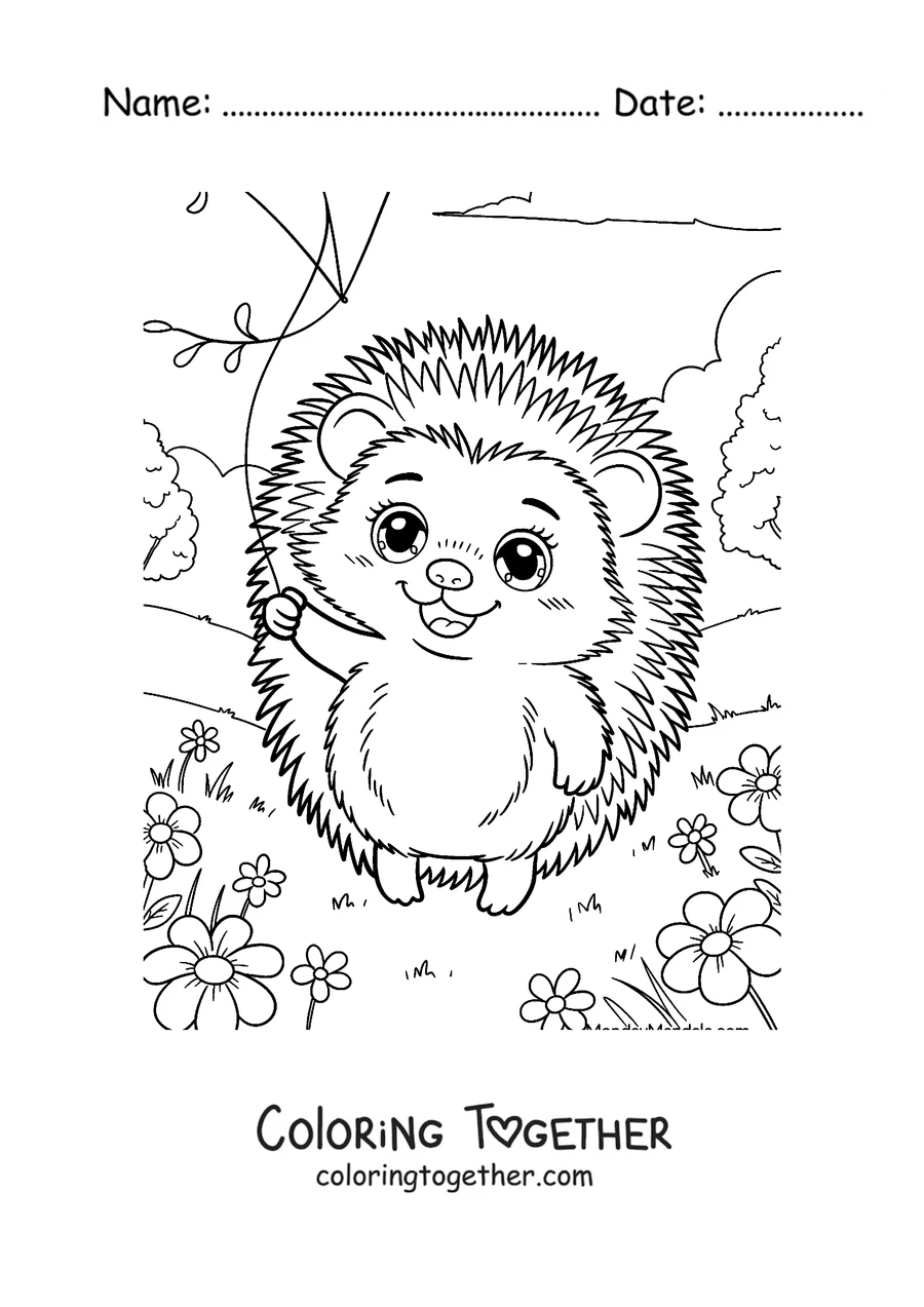 Coloring page of a hedgehog holding a strawberry
