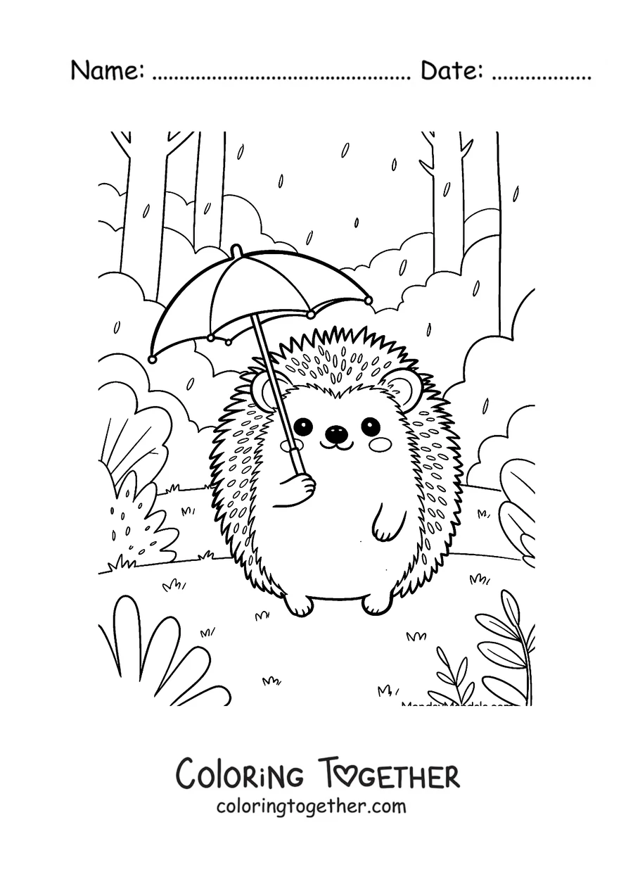 Coloring page of a hedgehog holding an umbrella in the rain