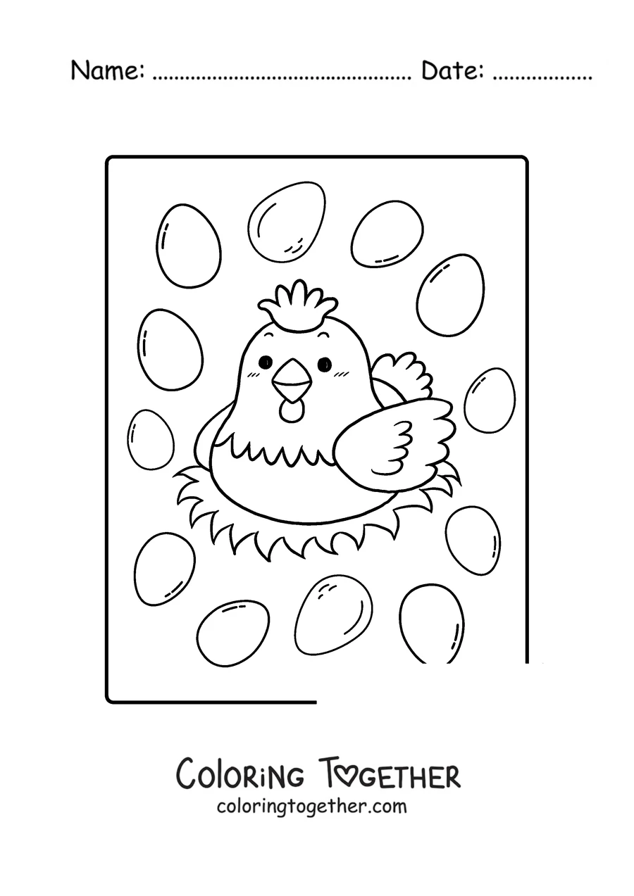 Coloring page of a hen on the nest surrounded by eggs