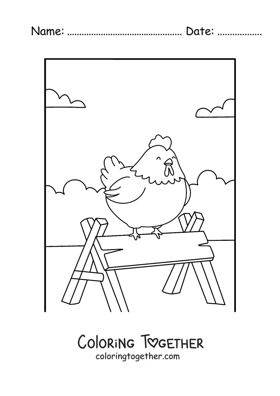 Coloring page of a hen perched on a beam