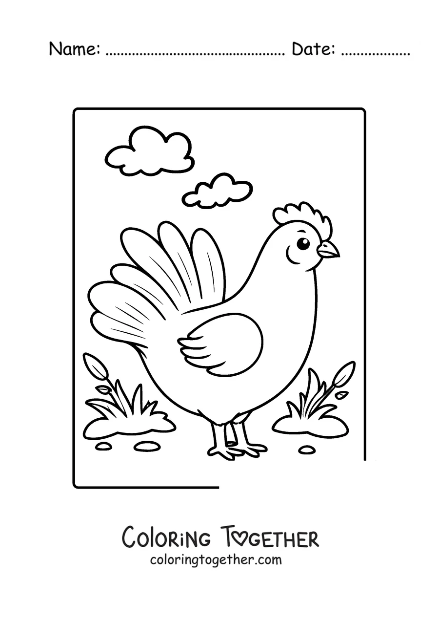 Coloring page of a hen standing in the grass