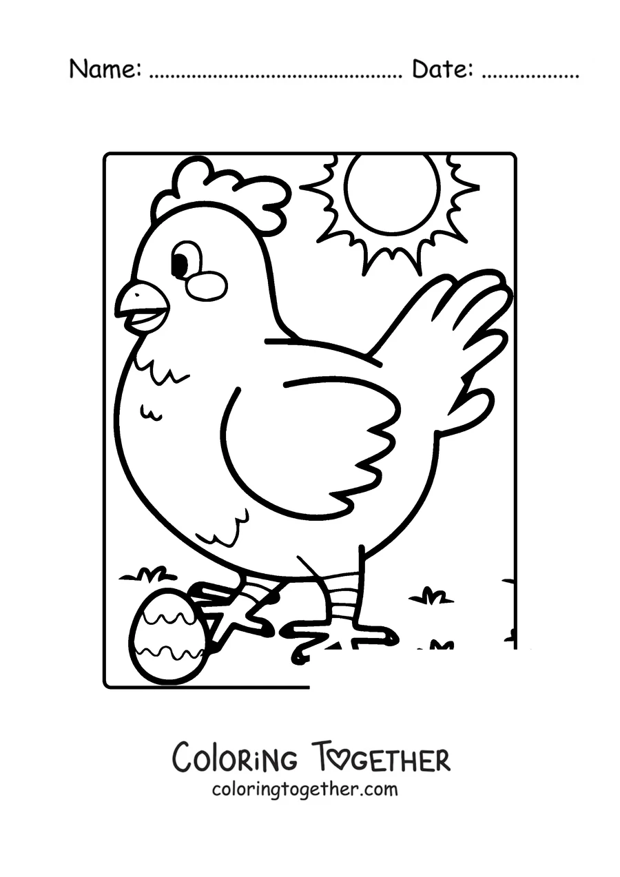 Coloring page of a hen walking in the sun with an egg