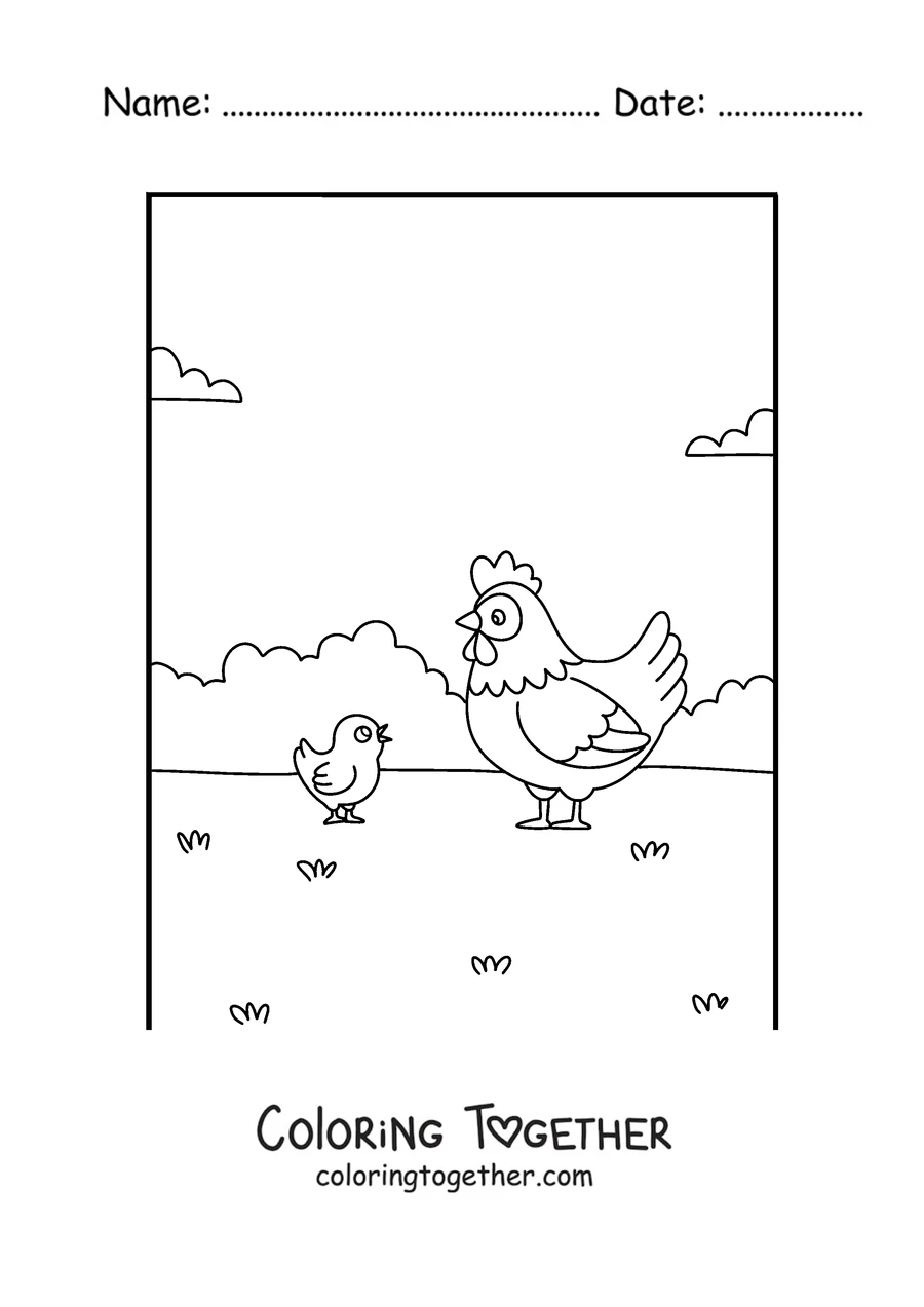 Coloring page of a mother hen with her chick