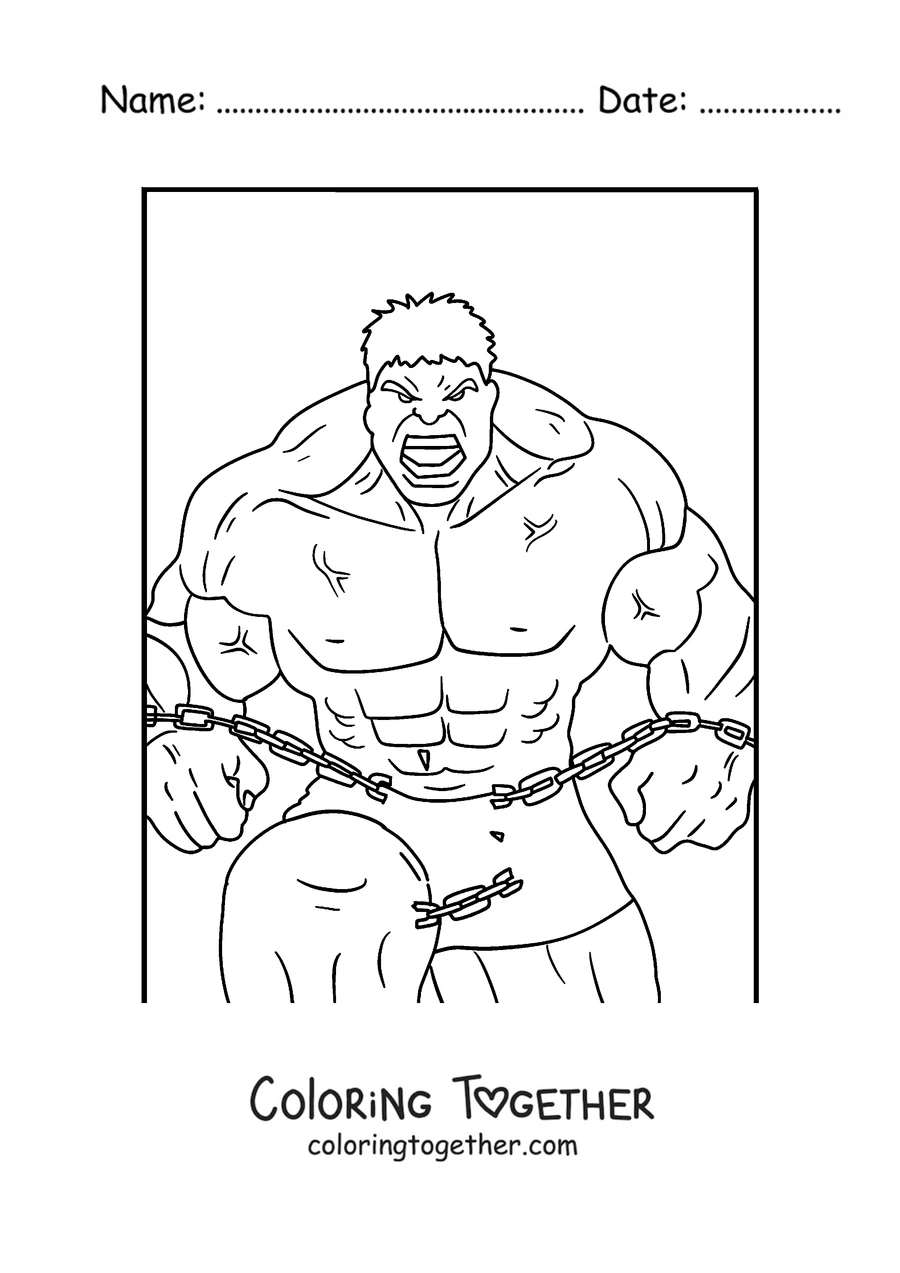 Coloring page of Hulk breaking chains with his fists