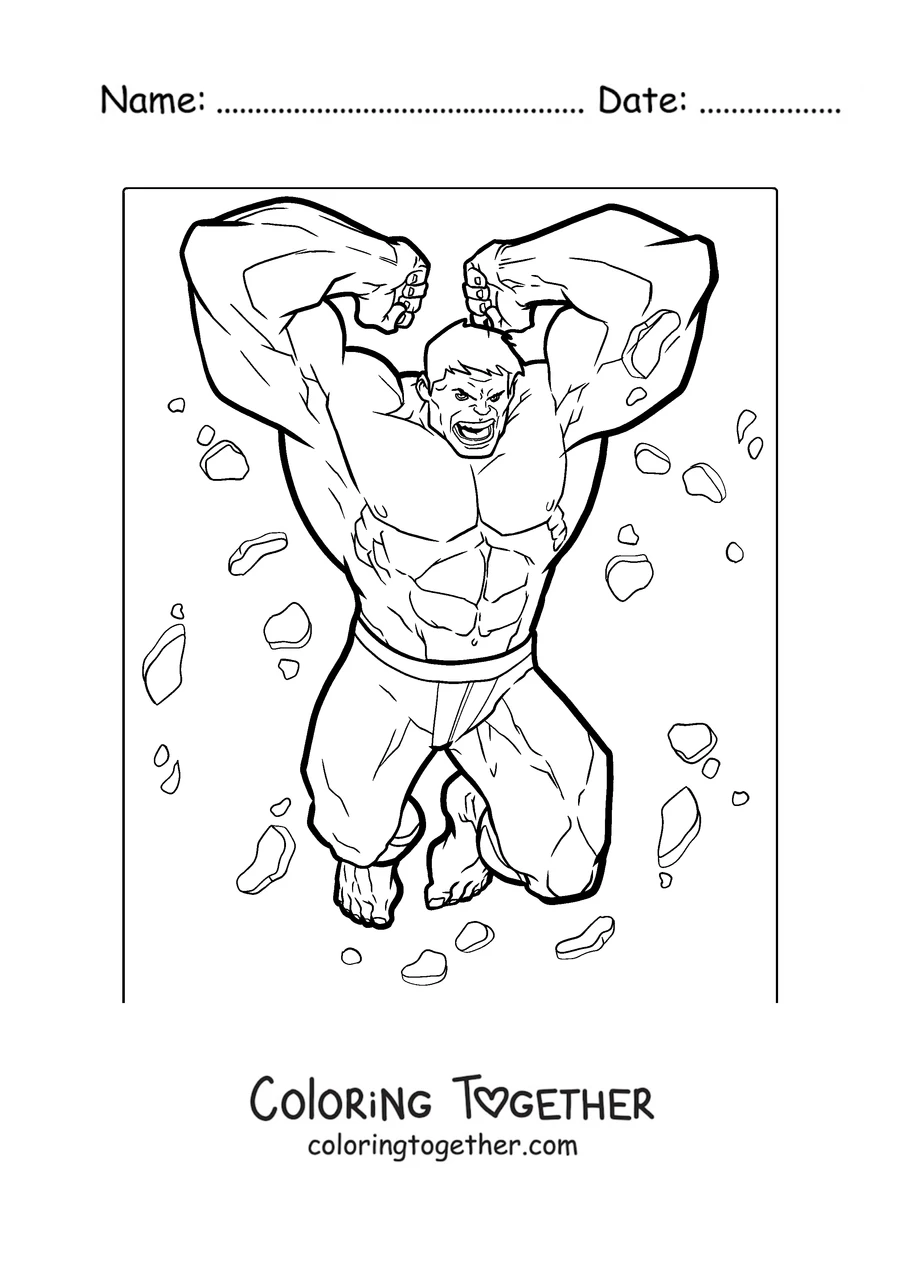 Coloring page of Hulk leaping with his fists raised
