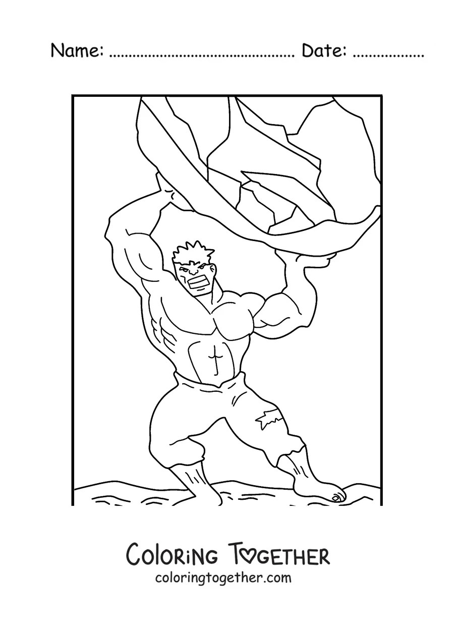 Coloring page of Hulk lifting a giant boulder