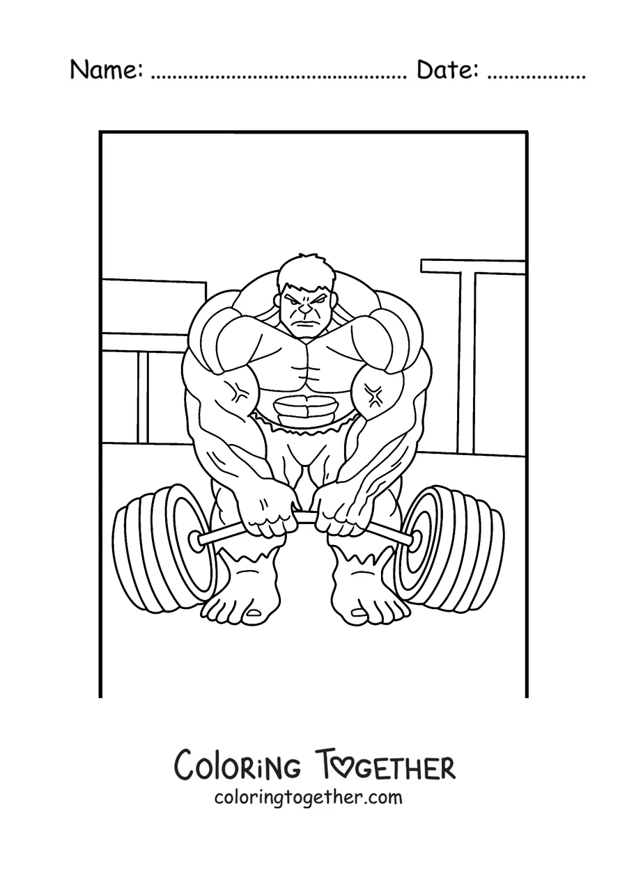 Coloring page of Hulk lifting a giant dumbbell