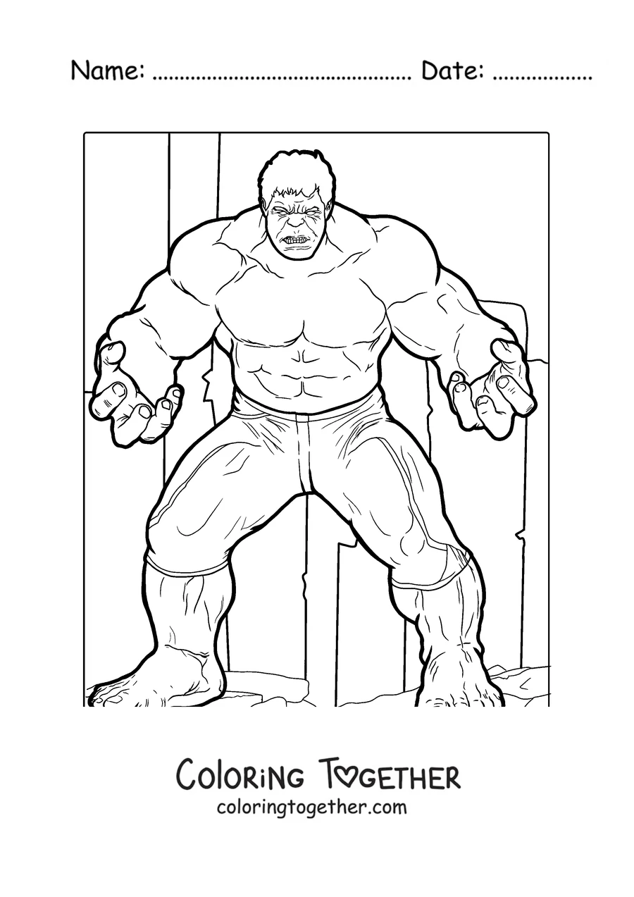 Coloring page of Hulk standing ready for battle