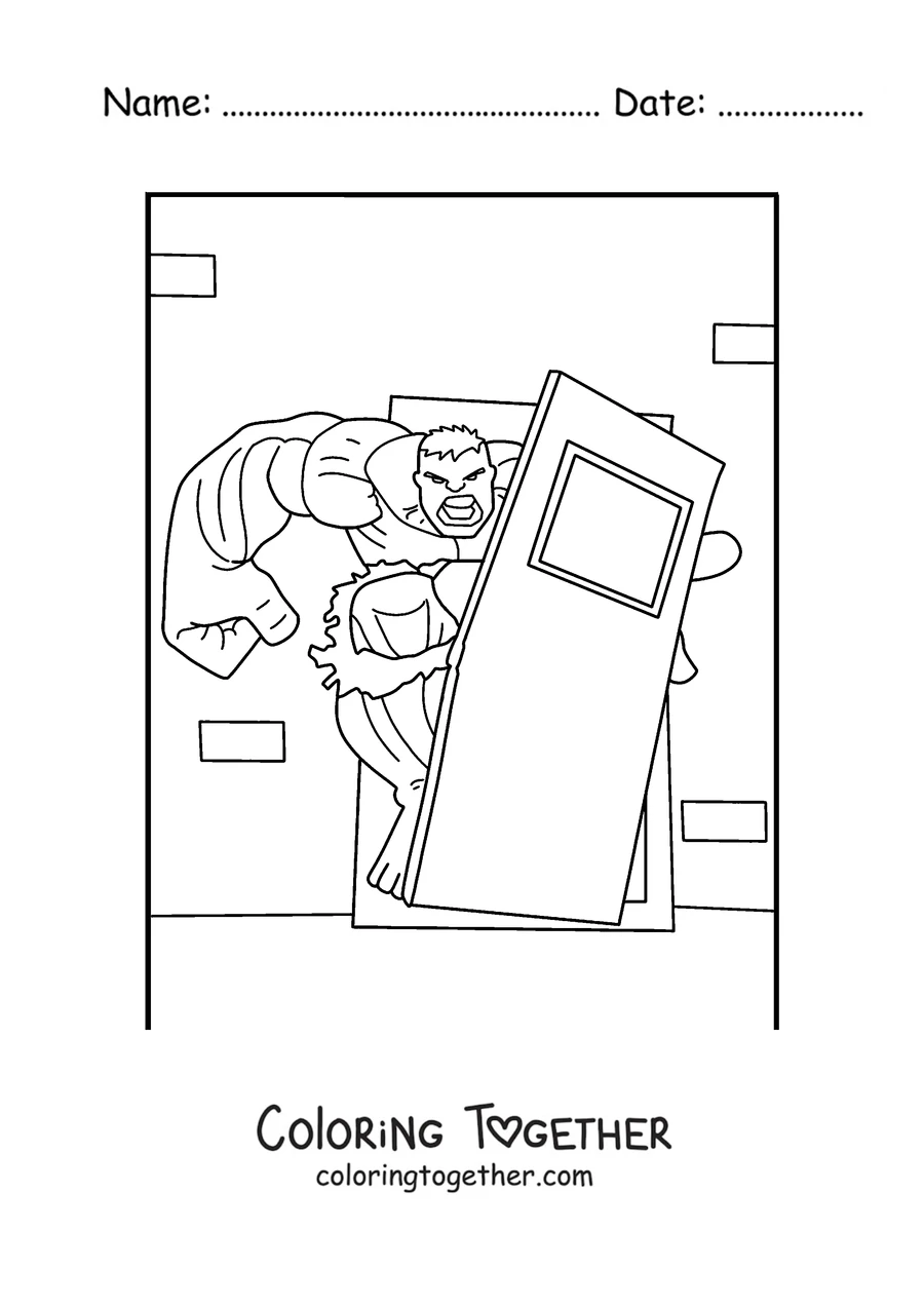 Coloring page of Hulk ripping off a metal door
