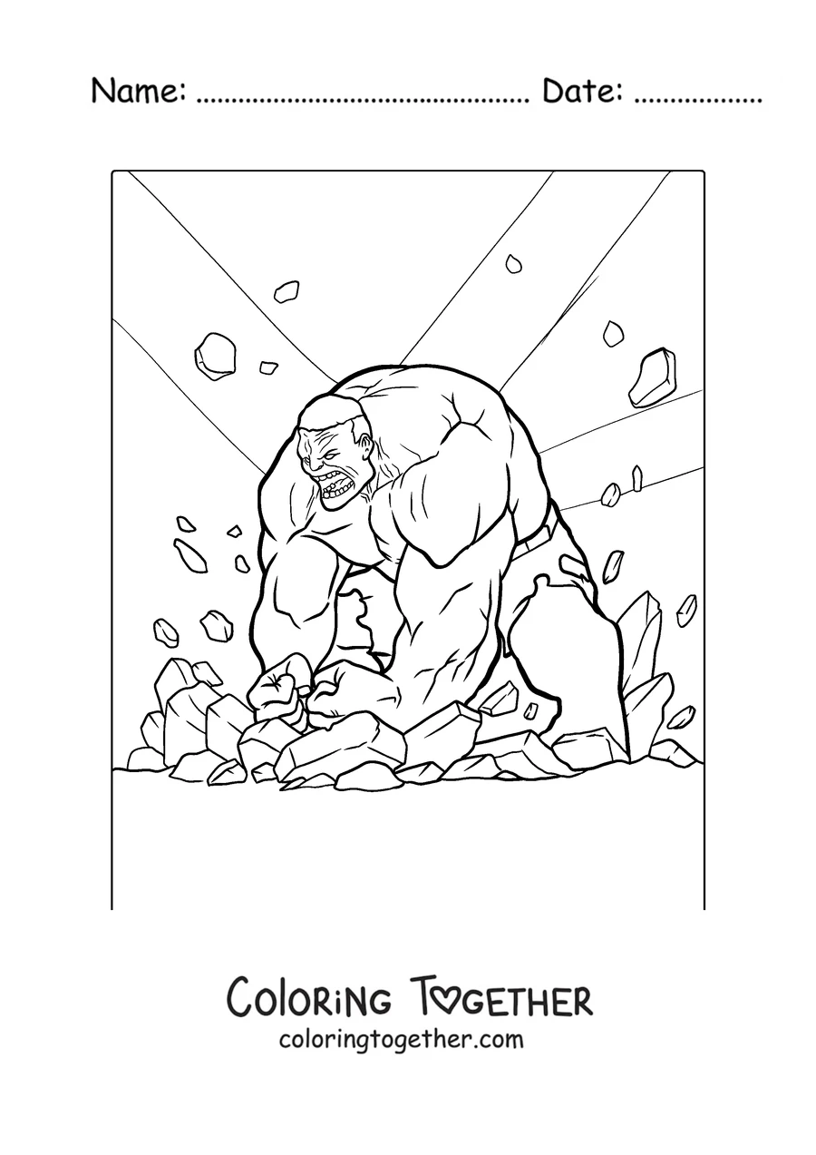 Coloring page of Hulk smashing the ground with his fists