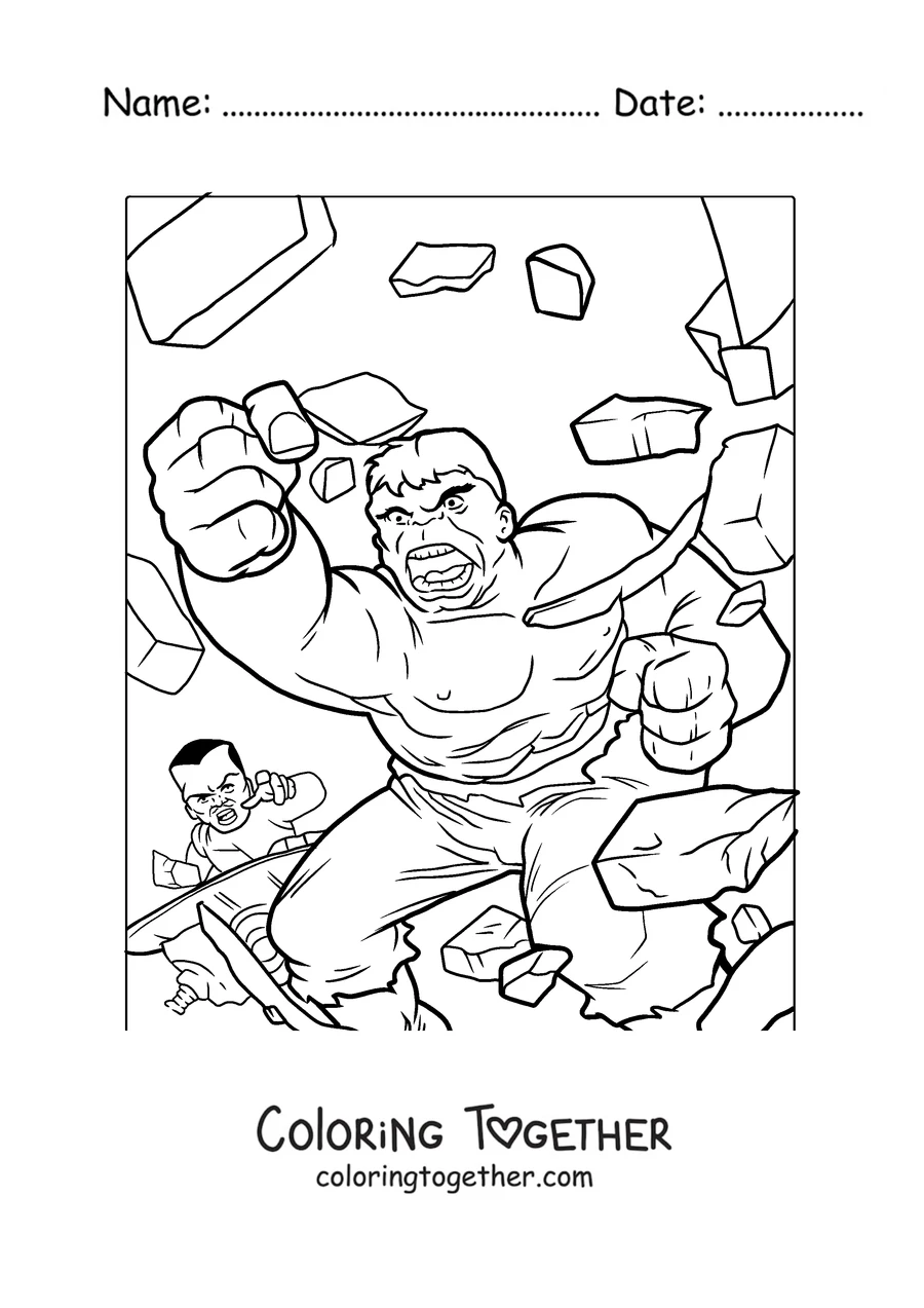 Coloring page of Hulk smashing through a wall
