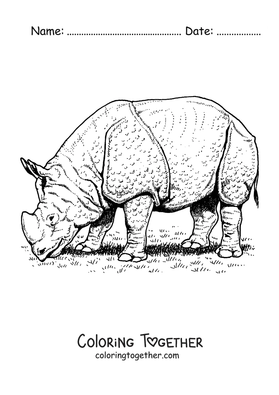 Coloring page of an Indian rhino with plated skin