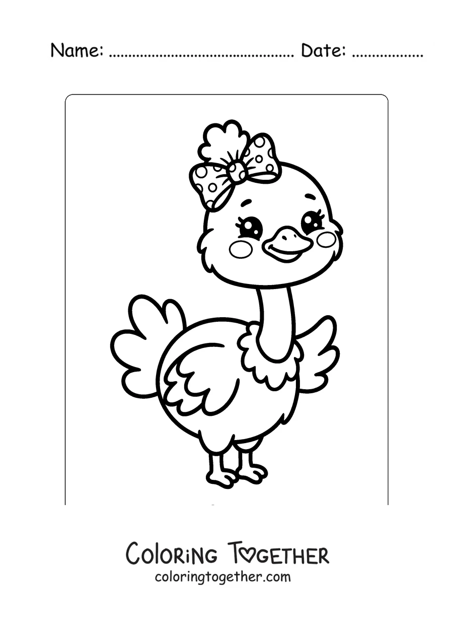 Coloring page of a kawaii ostrich with a bow