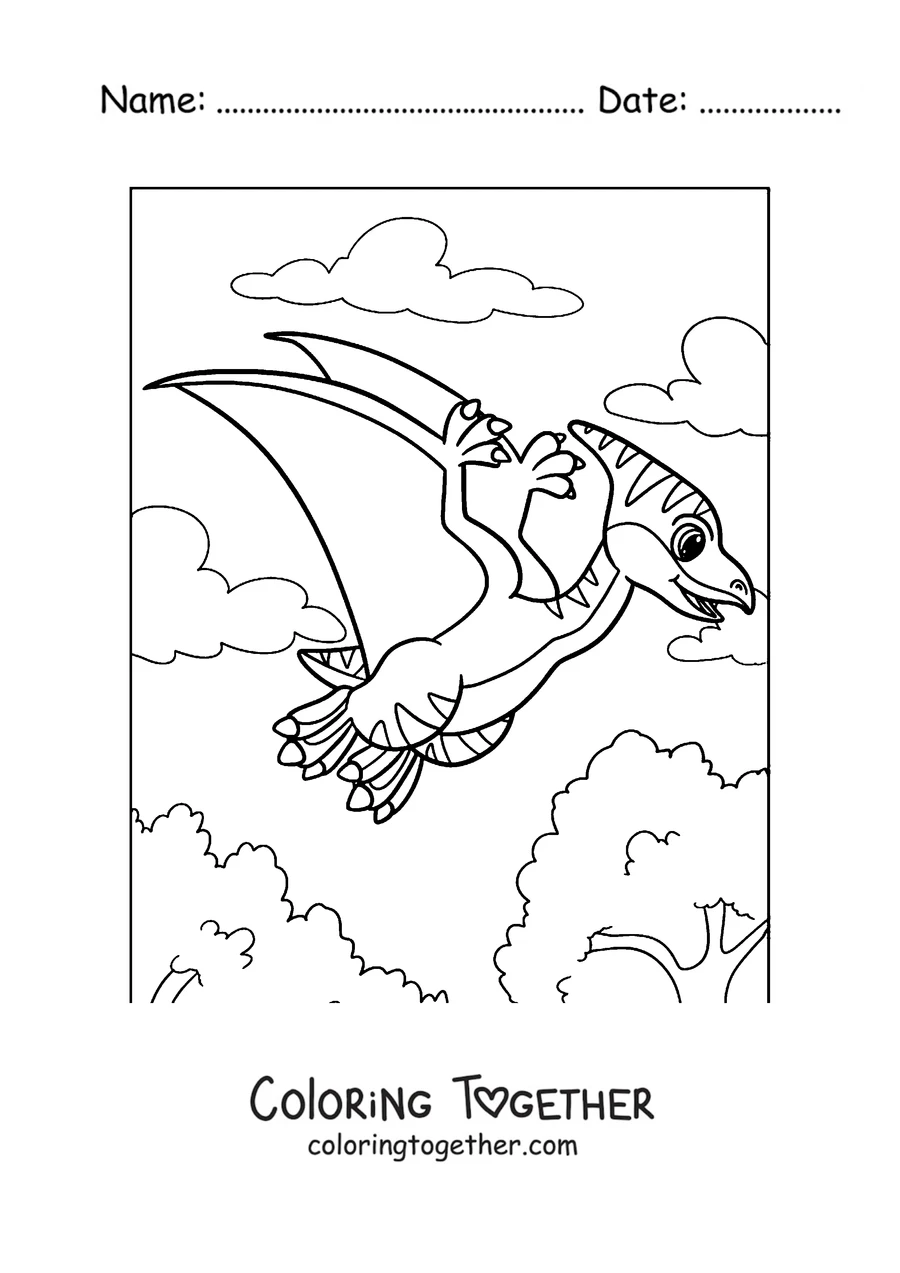 Coloring page of a kawaii pterodactyl flying over the hills