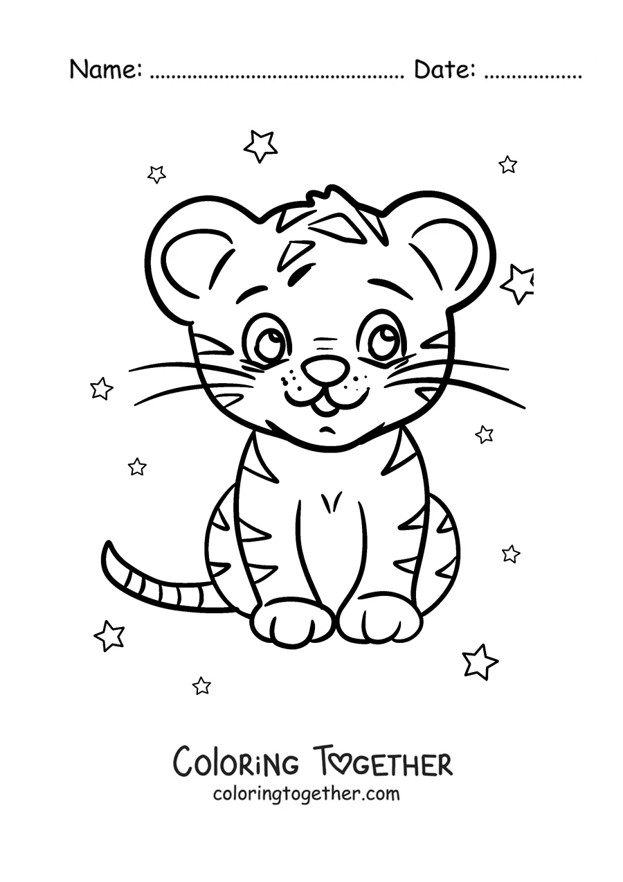 Coloring page of a kawaii tiger sitting among stars