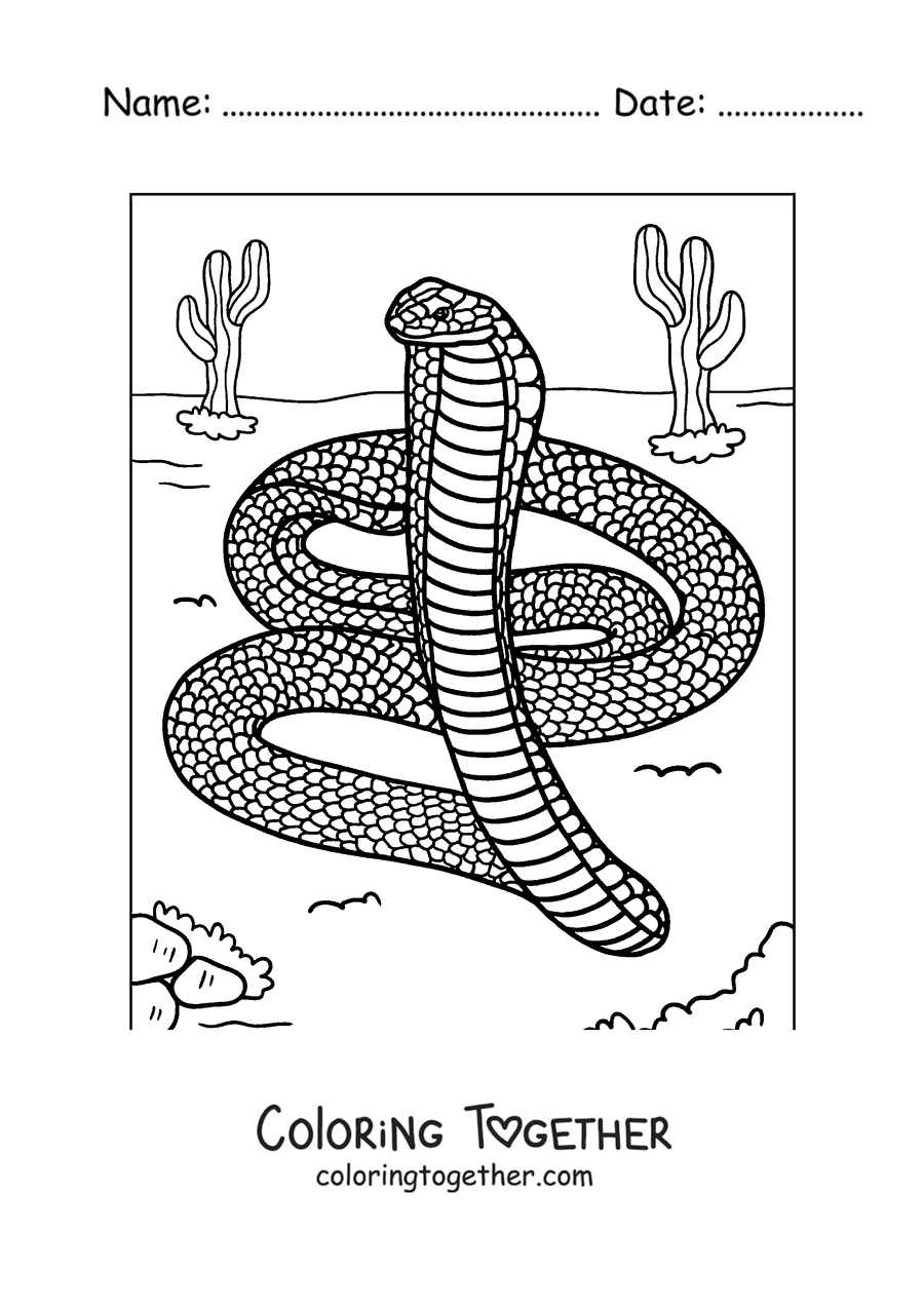 Coloring page of a king cobra coiled in the desert
