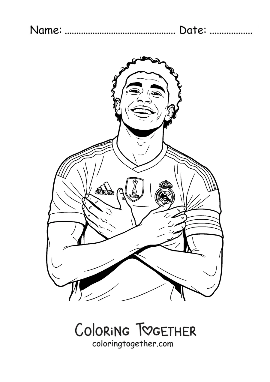 Coloring page of Lamine Yamal celebrating with his arms crossed over his chest