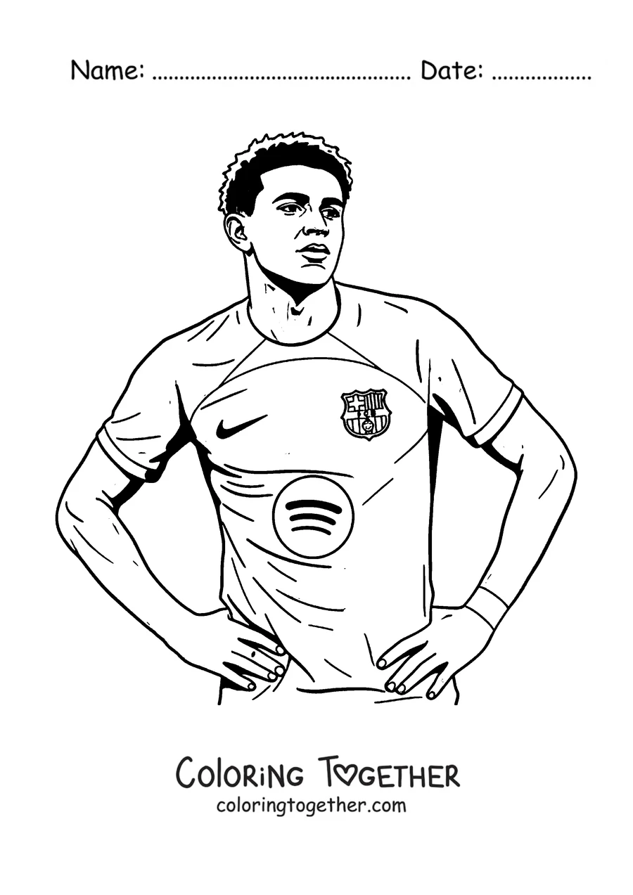 Coloring page of Lamine Yamal standing with his hands on his hips in the Barcelona shirt
