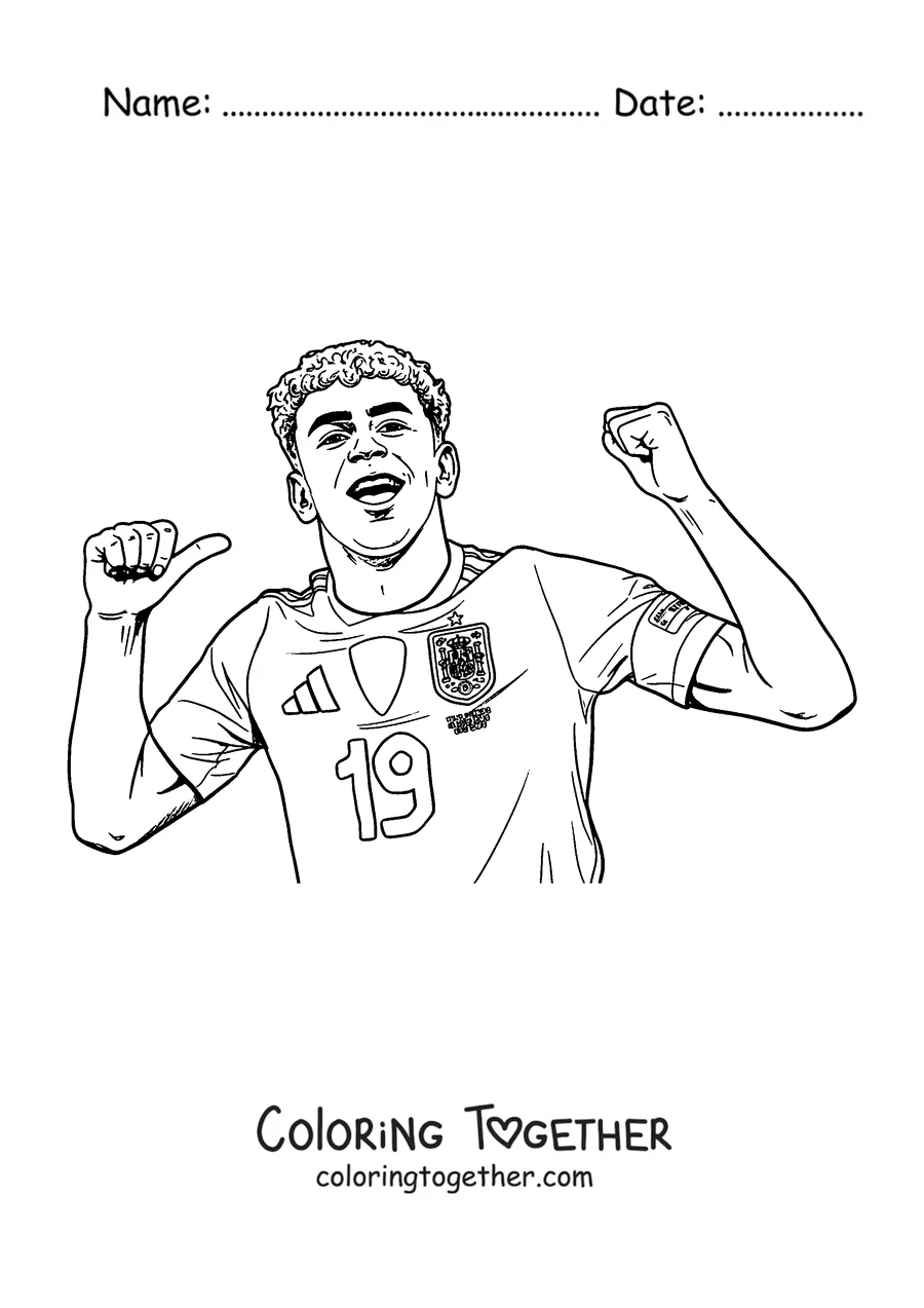 Coloring page of Lamine Yamal celebrating a goal in the Spain shirt