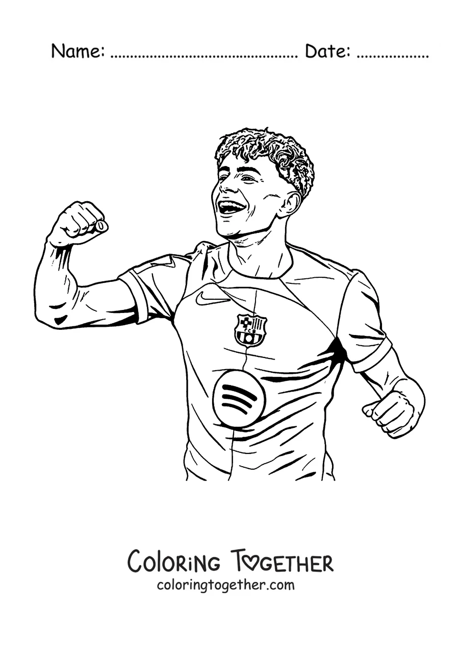 Coloring page of Lamine Yamal flexing his arm in the Barcelona shirt