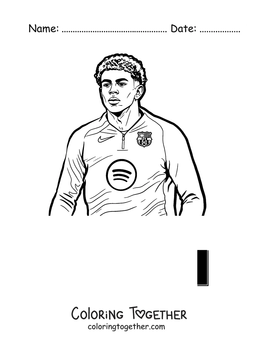 Coloring page of Lamine Yamal standing with his arms crossed in the Barcelona shirt