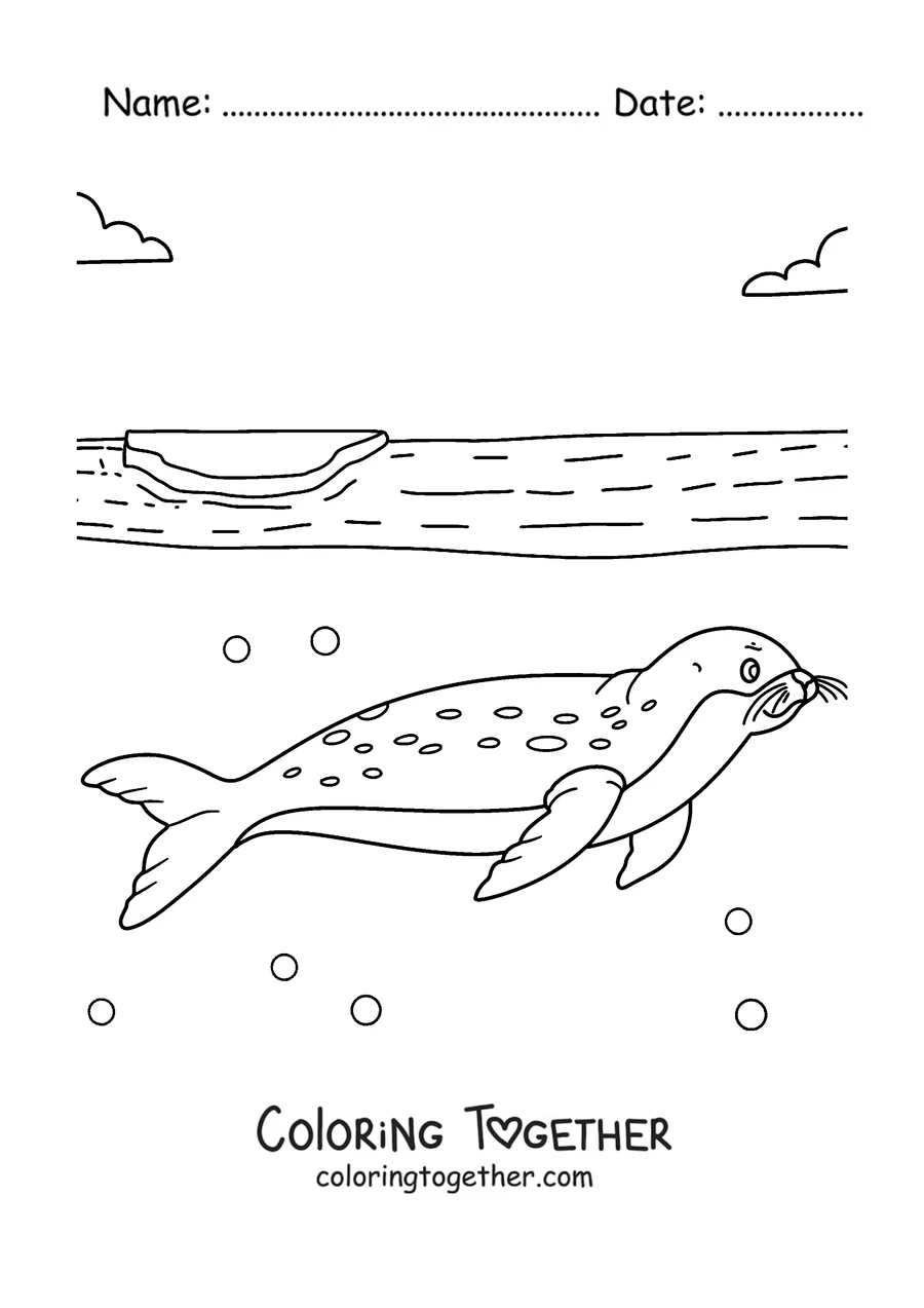 Coloring page of a leopard seal swimming