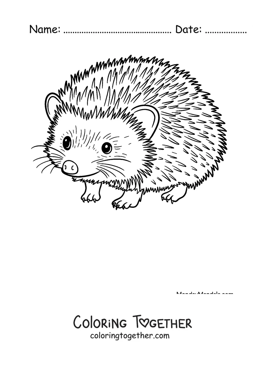Coloring page of a little hedgehog walking sideways