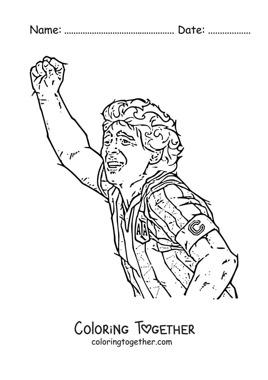 Coloring page of Maradona celebrating a goal with his fist raised