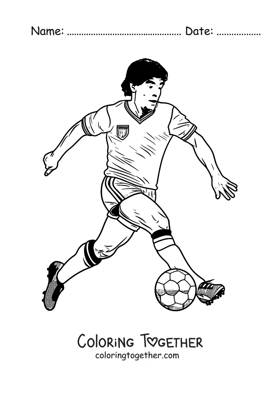 Coloring page of Maradona dribbling with the ball