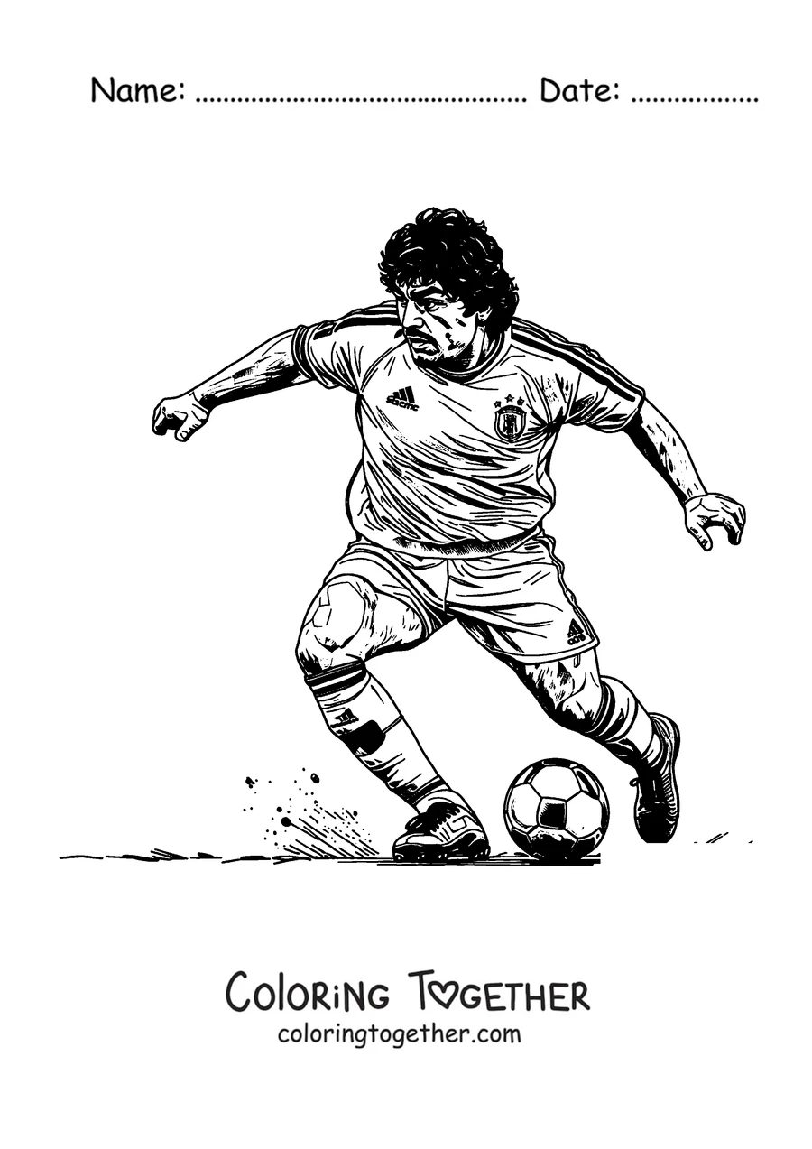 Coloring page of Maradona in action controlling the ball