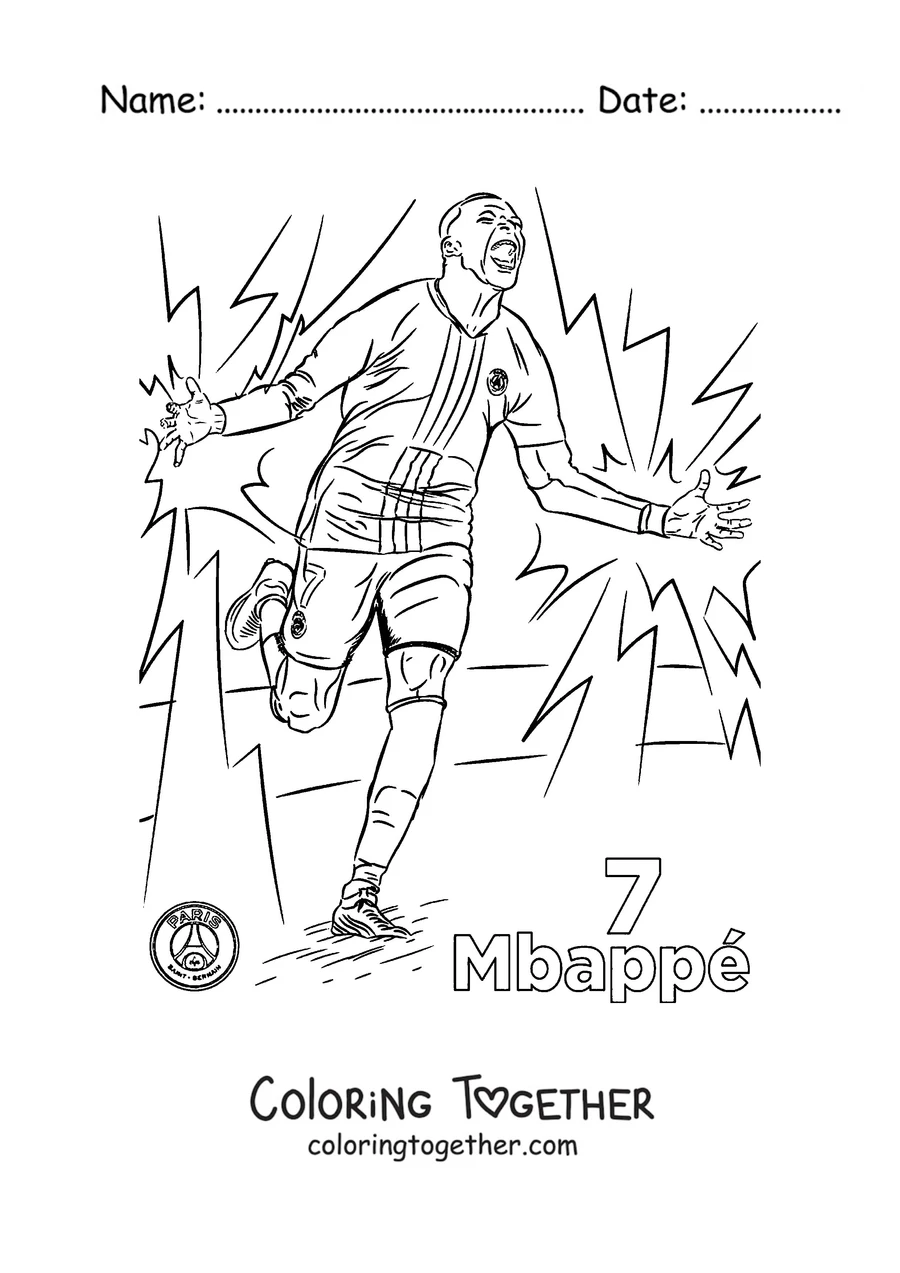 Coloring page of Mbappé celebrating a goal in the number 7 PSG jersey
